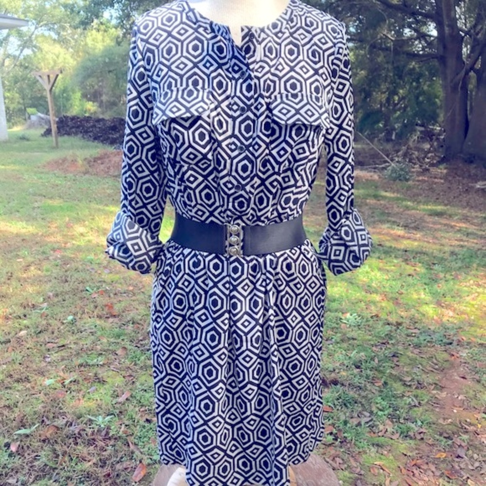 NAVY & WHITE PRINT PATTERN SHIRT DRESS Front Pockets Long Sleeve MIDI